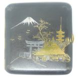 Japanese inlaid cigarette case with decoration of mount Fuji, birds etc, 8.5 x 8cm