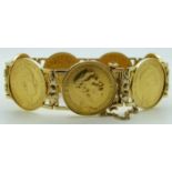 A 14ct gold bracelet of seven German 20 mark gold coins, 81.5g