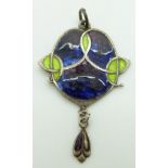 A hallmarked silver pendant set with green, purple and blue enamel, by James Fenton, Birmingham