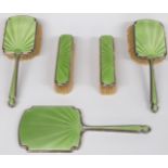 Art Deco green guilloché enamel hallmarked silver dressing table set comprising hand mirror and four