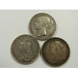 A trio of Victorian crowns to include young head 1847, 1898 veiled head and an 1888 Jubilee example