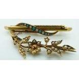 A 15ct gold brooch set with seed pearls and turquoise and a 15ct gold brooch set with seed pearls,