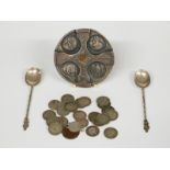 Cased hallmarked silver St Dunstan medal, pair of spoons marked 925, weight of three items 161g, a