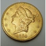 1904 USA Liberty head twenty dollar gold coin, San Francisco Mint, 33.4g