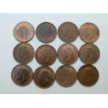 Twelve George V pennies, various years, 1913, 1919, 1921, 1927, all EF and with varying degrees of