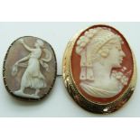 Victorian brooch set with a shell cameo depicting a lady and a 9ct gold brooch set with a shell