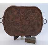 Carved wooden tray with Mappin and Webb Princes' plate handles together with an oriental box, tray