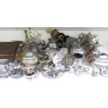 A large quantity of silver plate including tray, teaware, pewter, cutlery and desk set