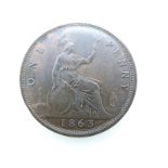 Victorian 1863 bronze young head penny, OT TB EF+