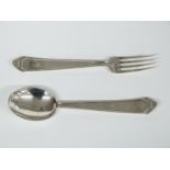 Possibly Belgian Art Deco white metal spoon and fork with hammered design to handle, marked with