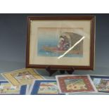 Japanese woodblock of a female figure on a boat, together with Indian watercolours and prints,