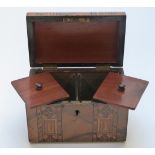 A 19thC walnut Tunbridgeware dome topped two division tea caddy, H 14cm x W x 18cm D 11cm