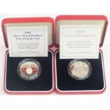 Two cased silver proof Piedfort £2 coins 1994 and 1995