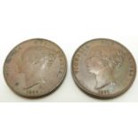 1857 Victorian copper penny, PT, close colon, smaller date, NEF together with an 1859 OT far colon