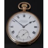 Winegarten's 9ct gold keyless winding open faced open faced pocket watch with inset subsidiary