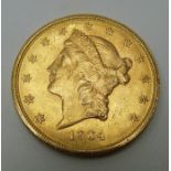 1904 USA Liberty head twenty dollar gold coin, 33.4g