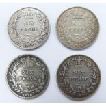 Four young head Victorian sixpences for 1878, die numbers 18, 23, 20, 35, F-NVF