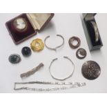 Silver Greek key necklace and bracelet, silver bangle marked Norway RH, large silver brooch,