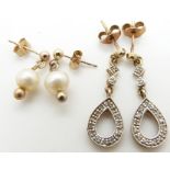 A pair of 9ct gold earrings set with diamonds and a pair of 9ct gold earrings set with pearls