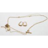 Three 9ct gold necklaces/ chains, a 9ct gold coffee bean pendant and a pair of 9ct gold earrings,