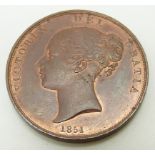 1851 Victorian copper penny OT, far colon, unc with lustre