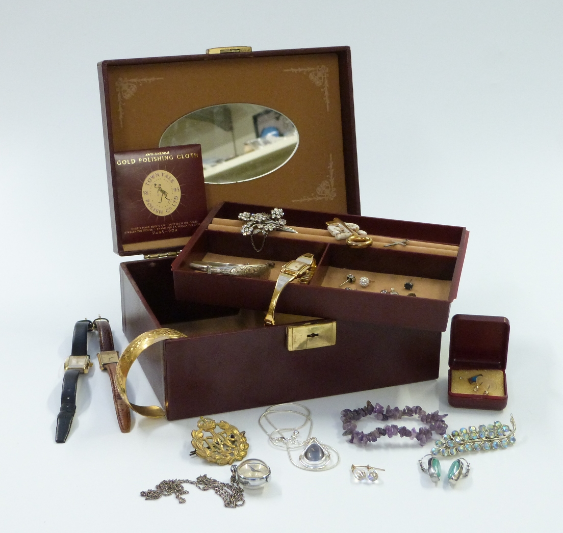 A collection of costume jewellery including silver earrings, watches, silver bangle etc