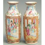 A pair of Chinese Cantonese famille rose vases decorated with court scenes, 15cm tall