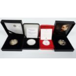 Four silver proof coins including 2012 £2 Charles Dickens, 2010 £2 Florence Nightingale, 2015 £5