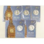 Five Royal Mint 2015 Big Ben £100 fine silver coins, in original packaging