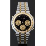 Gucci gentleman's chronograph wristwatch ref. 9400 with black face, gold subsidiary dials, gold