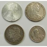 1889 Morgan dollar, New Orleans mint mark, together with a 1953 Swiss 5 franc Bern mint mark and two