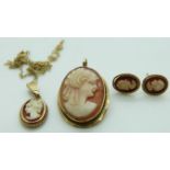 A 9ct gold brooch/ pendant set with a cameo, matching earrings and pendant