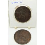 1863 Victorian young head bronze penny, NEF even tone, together with an 1864 example with very