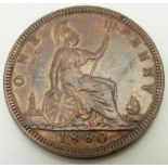 1860 Victorian young head bronze penny, TB, signature on cape obverse, LCW under shield reverse,