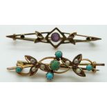 A 9ct gold brooch set with seed pearls and turquoise and a 9ct gold brooch set with paste, 5.4g