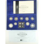 Royal Mint millennium silver proof coin collection comprising 13 coins from five pounds to Maundy