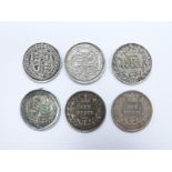 Six various George III and Victorian sixpences, various grades, two ex-mount, one with die number 1