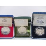 Three cased Royal commemorative silver proof crowns 1972, 1977 and 1990