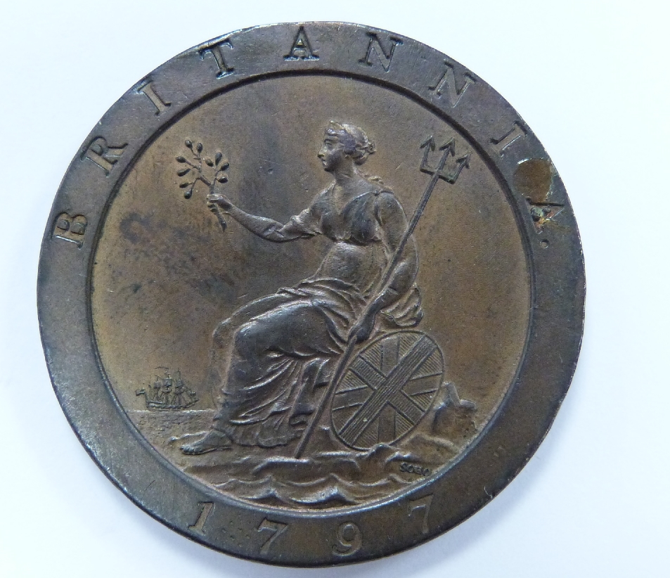 1797 George III cartwheel penny, EF++, 10 laurel leaves, some lustre
