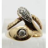 A 14ct gold ring set with paste in the form of a snake, size L