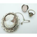 Victorian silver brooch set with a cameo and two silver rings set with agate