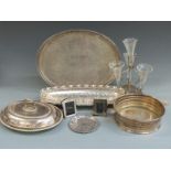 A plated galleried tray, Art Deco dish, epergne etc