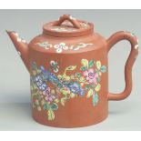 Chinese Yixing enamelled terracotta teapot with four character seal mark to base, height 15cm