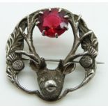 Scottish silver brooch in the form of a stag set with paste by Robert Allison, 3.5 x 3.5cm