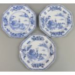 Three 19thC Chinese blue and white octagonal export plates, diameter 23cm.