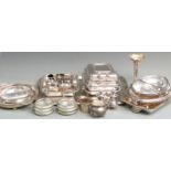 A quantity of plated serving dishes, Walker & Hall and other salts and mustards, large tray etc