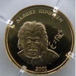 Albert Einstein miniature 585 gold coin, 0.5g, 11mm diameter, with certificate