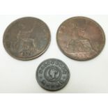 1874 Victorian young bust bronze penny, Heaton Mint, OT TB, VF, together with an 1884 example VF