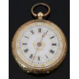 An 18ct gold open faced pocket watch with gold hands, black Roman numerals, gilt decorated white