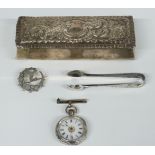A ladies silver pocket watch marked 925, a hallmarked silver Manx/Isle of Man brooch and a